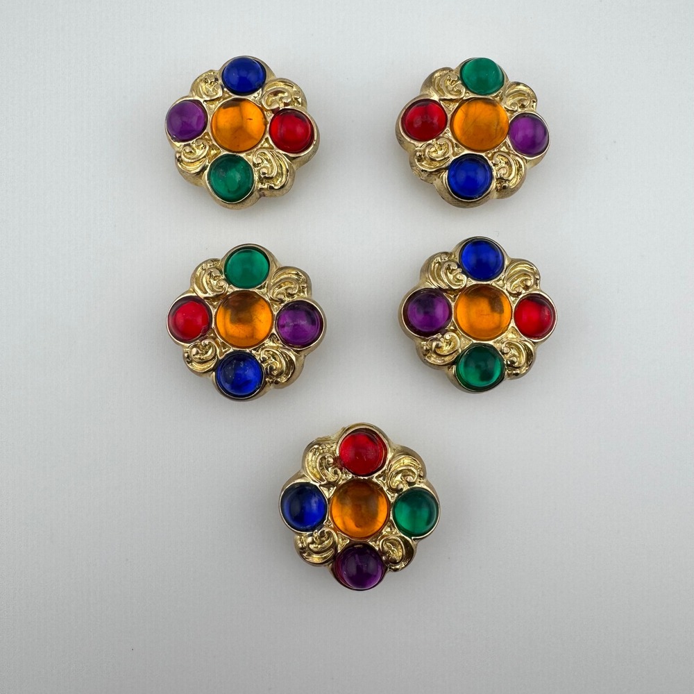 Vintage Mid Century Multi Color Cabochon Button Covers Gold Tone Set of 5